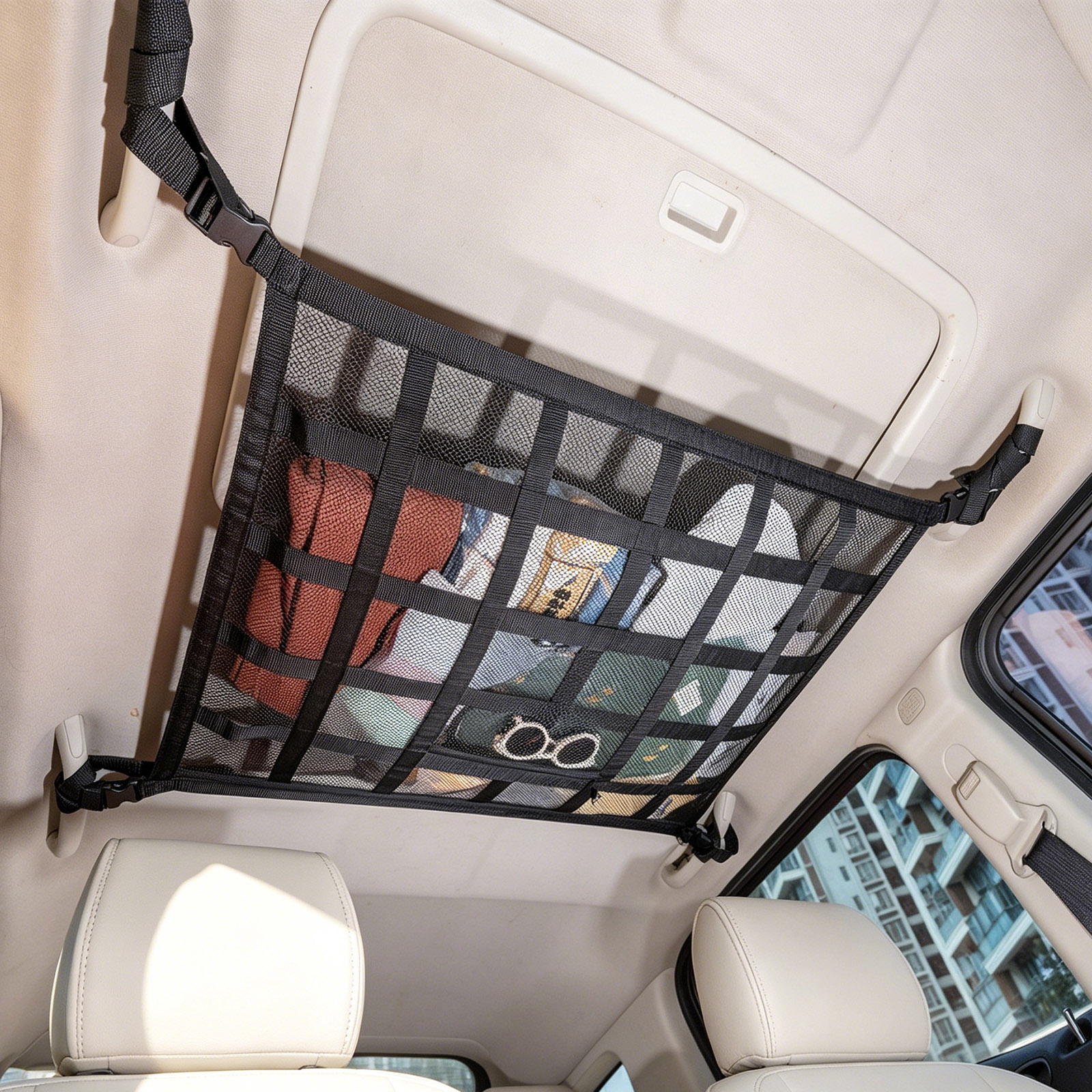 Upgrade Car Ceiling Cargo Net Pocket,31.5"x21.6" Double-Layer Roof Storage Organizer,Overhead Net for Truck,SUV & Van Camping,Travel Road Trips,Van Life Essentials