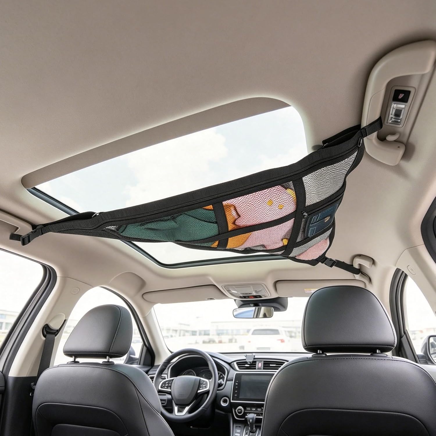 31.5"x21.6" car Ceiling Cargo net for 3-Handle & 4-Handle Vehicles, Double-Layer roof Storage Organizer, mesh car Storage for Road Trips, Camping, SUV, Jeep, 4runner, Ford, Chevy